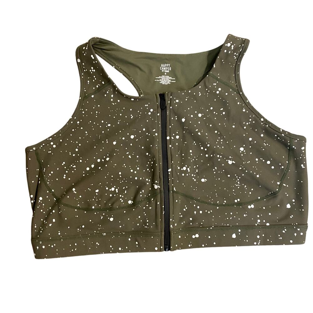 Torrid Happy Camper Olive Green Zip Front Sports Bra Size 4X Splatter Print
